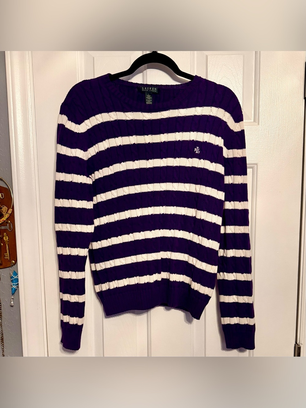 Lauren Ralph Lauren 100% Cotton Striped Cable Knit Sweater Womens Large